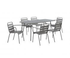 Salle à manger de jardin MIRMANDE en métal: une table L.160 cm avec 2 fauteuils empilables et 4 chaises empilables - Gris