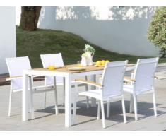 Salle à manger de jardin VAIAKU en aluminium et en acacia : une table L160cm et 4 fauteuils empilables - Blanc