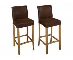 Lot de 2 tabourets de bar SANTOS - Microfibre aspect cuir vieilli - Pieds bois clair