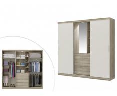 Armoire BODIL - portes coulissantes - Miroir et tiroirs - L240cm - Chêne et ivoire