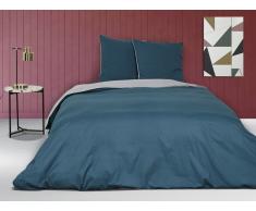 Parure de lit en percale IONESCO - housse de couette 240 x 260 cm - 2 taies d'oreiller 65 x 65 cm - Bleu et gris