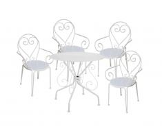 Salle à manger de jardin en métal façon fer forgé : une table et 4 fauteuils empilables blancs - GUERMANTES