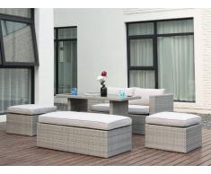Salon de jardin SELAYAR en résine tressée anthracite: un canapé 2 places, un banc, 2 poufs et une table à manger