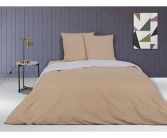 Parure de lit en percale IONESCO - housse de couette 240 x 260 cm - 2 taies d'oreiller 65 x 65 cm - Beige rosé et blanc - passepoil orange