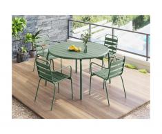 Salle à manger de jardin MIRMANDE en métal - une table D.110cm et 4 fauteuils empilables - Vert amande