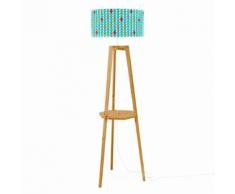 KALEIDOSCOPE - Lampadaire Tissu motifs bleu/Trepied Chêne H150cm - Lampadaire Mademoiselle Dimanche designé par Mathilde Alexandre