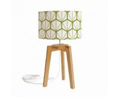 FRAGMENTS - Lampe à poser Tissu motifs vert/Trepied Chêne H44cm - Lampe à poser Mademoiselle Dimanche designé par Mathilde Alexandre