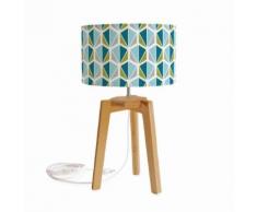 FACETTES - Lampe à poser Tissu motifs bleu/Trepied Chêne H44cm - Lampe à poser Mademoiselle Dimanche designé par Mathilde Alexandre