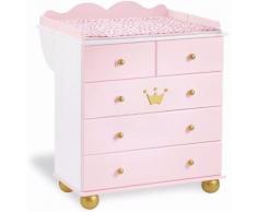 Commode à langer 92 cm à 5 tiroirs en bois massif coloris blanc et rose