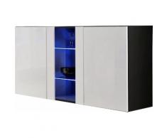 Buffet mural 120 cm à 3 portes ( 1 vitrée avec éclairage LED) coloris blanc et noir
