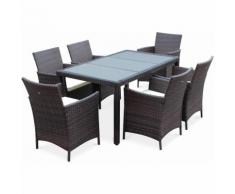 Salon de jardin Tavola 6 Marron Chocolat en résine tressée, table d'extérieur 150cm avec 6