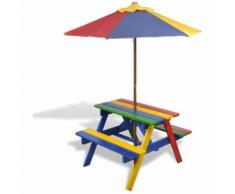 vidaXL Table de pique-nique enfant en quatre couleurs avec parasol