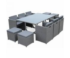 Salon de jardin Vasto Gris table en résine tressée 6 à 10 places, fauteuils encastrables