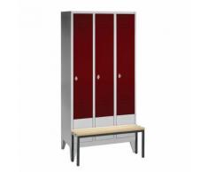 vestiaire avec banc, 3 compartiments, rouge,