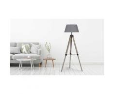 Lampadaire trépied : bois vintage / abat- jour gris