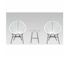 Ensemble salon de jardin design néo-rétro Acapulco 2 fauteuils et table basse cordage PVC verre