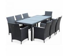 Salon de jardin Tavola 8 Noir en résine tressée, table d'extérieur 195cm avec 8 fauteuils