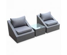 Salon de jardin 3 éléments en résine tressée grise 2 fauteuils 1 table basse empilables