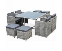 Salon de jardin Vasto Nuances de Gris table en résine tressée 4 à 8 places, fauteuils encastrables