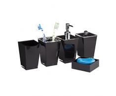 Relaxdays Accessoires salle de bain Set 5 pièces distributeur gobelet brosse à dent porte-savon plastique, noir, Taille L