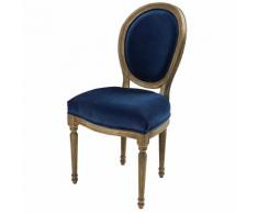 Chaise médaillon en velours bleu nuit et chêne massif Louis