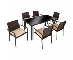Salon de Jardin, 6 Chaises et 1 Table en Résine Tressée Structure Acier Marron
