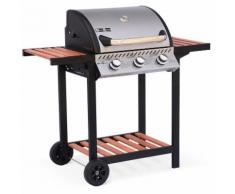 Barbecue au gaz - Ernest Inox - 3 brûleurs, tablettes en bois, grilles en fonte, thermomètre, roues