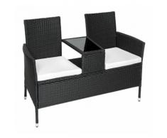Banc de jardin en résine tressé poly rotin + table + coussins noir