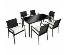 Salon de Jardin, 6 Chaises et 1 Table en Résine Tressée Structure Acier Noir
