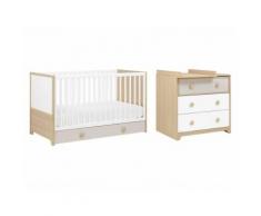 Chambre bébé duo lit avec tiroir + commode à langer décor chêne et textile OLYMPE