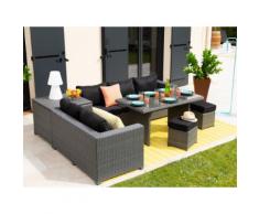 Salon de jardin 7 places : canapé d'angle + 2 poufs + table à manger + table coffre résine tressée TENSHO gris