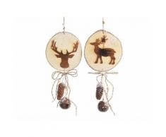 Set de 2 suspensions en bois animaux assortis et cloche en fer 44x20x6cm BRUT