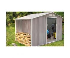 Abri de jardin avec abri bûches en metal anti-corrosion : Gris - Woody 8.72 m²