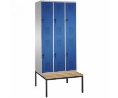 Vestiaire EVOLO à deux étages, avec banc 3 compartiments, 2 casiers chacun, largeur compartiments 300 mm ,CP