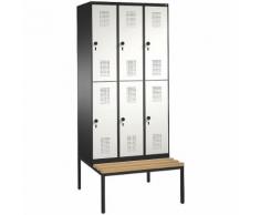 Vestiaire EVOLO à deux étages, avec banc 3 compartiments, 2 casiers chacun, largeur compartiments 300 mm ,CP