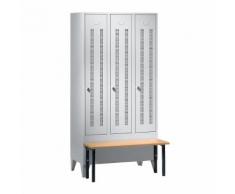Vestiaire avec banc frontal portes en tôle perforée, largeur compartiments 300 mm, 3 compartiments ,Wolf
