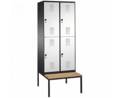 Vestiaire EVOLO à deux étages, avec banc 2 compartiments, 2 casiers chacun, largeur compartiments 400 mm ,CP