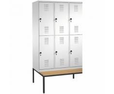 Vestiaire EVOLO à deux étages, avec banc 3 compartiments, 2 casiers chacun, largeur compartiments 400 mm ,CP