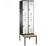 Vestiaire EVOLO à deux étages, avec banc 2 compartiments, 2 casiers chacun, largeur compartiments 300 mm ,CP