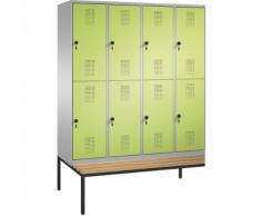 Vestiaire EVOLO à deux étages, avec banc 4 compartiments, 2 casiers chacun, largeur compartiments 400 mm ,CP
