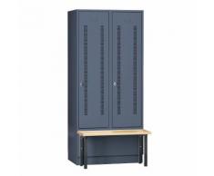 Vestiaire avec banc frontal portes en tôle perforée, largeur compartiments 400 mm, 2 compartiments ,Wolf