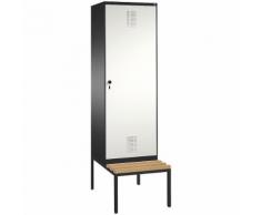 Vestiaire EVOLO avec banc, porte au-dessus de 2 compartiments 2 compartiments, 1 porte, largeur compartiments 300 mm ,CP
