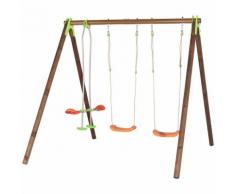 Portique bois et métal 2,30 m avec balançoires, échelle pour 3 enfants