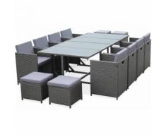 Salon de jardin Cubo Gris table en résine tressée 8 à 12 places, fauteuils encastrables