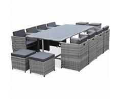Salon de jardin Vasto nuances de Gris table en résine tressée 8 à 12 places, fauteuils encastrables
