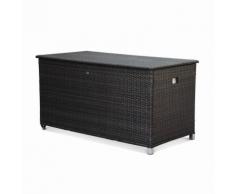 Coffre de jardin Cassapanca Chocolat en résine tressée 170x82cm, malle de rangement avec vérins,