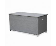 Coffre de jardin Cassapanca gris en résine tressée 170x82cm, malle de rangement de coussins avec