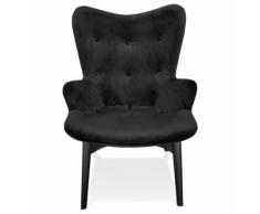 Fauteuil à oreille 'RUBEN' en velours noir et pieds en bois noir