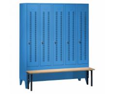 Vestiaire avec banc frontal portes en tôle perforée, largeur compartiments 300 mm, 5 compartiments ,Wolf