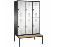 Penderie EVOLO à deux étages, avec banc 3 compartiments, 2 casiers chacun, largeur compartiments 400 mm ,CP